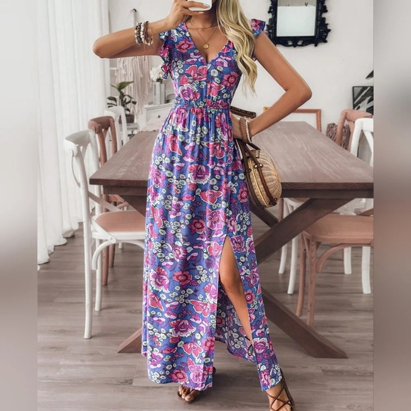Style Full Floral Print V-Neck Ruffle Armhole High Slit Dress For Summer - Picture 1 of 5